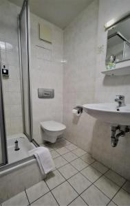 ein Bad mit einem Waschbecken, einem WC und einer Dusche in der Unterkunft Hotel Brander Hof in Brand-Erbisdorf