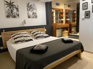 - une chambre avec un lit et 2 oreillers dans l'établissement Centre & plage - T2 cosy avec terrasse & jardin, à Saint-Gilles les Bains