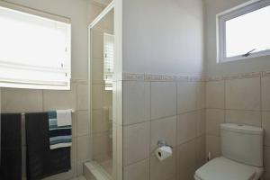a bathroom with a shower and a toilet and a window at Sunbird Cottage in Somerset West