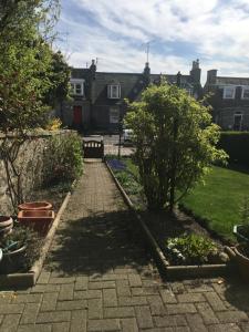 a garden with a brick walkway with a tree at Roselodge Guest House in Aberdeen