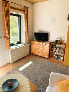 een woonkamer met een tv en een raam bij Doppelzimmer an der Lahn ohne Küche in Obernhof