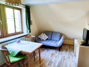 - un salon avec un canapé bleu et une table dans l'établissement HERRNMÜHLE - Pension & Ferienwohnungen, à Rothenburg ob der Tauber