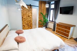 een slaapkamer met een groot wit bed en een televisie bij Barrique Chambers in Braşov
