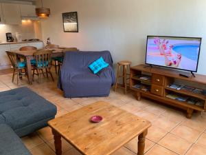 een woonkamer met een bank, een tv en een tafel bij La Perdrix in Argelès-sur-Mer