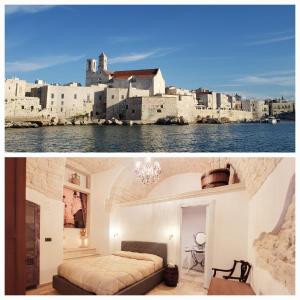 2 fotos de un dormitorio y vistas a la ciudad en GIOVINAZZO HISTORIC APULIA old town stone house with private patio, en Giovinazzo