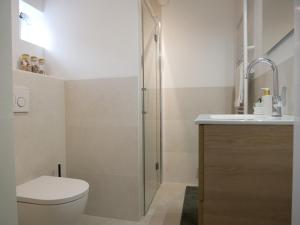a bathroom with a shower and a toilet and a sink at Villa Donax in Sint Maartensvlotbrug +53 photos
