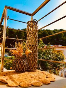 a plant in a basket sitting on a balcony at Vithos in Agnontas