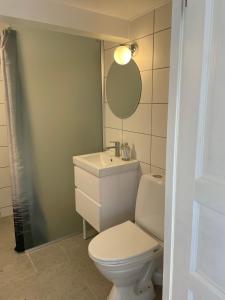 uma casa de banho com um WC branco e um espelho. em Grindhuset em Skottorp