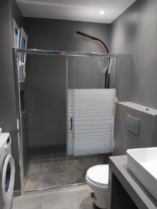 Armonia - Brand new apartment in Ermioni Village في إرميوني: حمام مع دش مع مرحاض ومغسلة