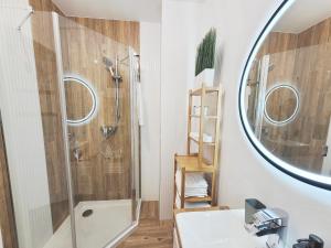 y baño con ducha, lavabo y espejo. en Apartament Silesia, en Zielona Góra