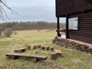 una baita di tronchi con un mucchio di tronchi accanto a un campo di Chata s duší a Beroun