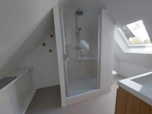 a bathroom with a walk in shower in a room at Havre de paix et jardin tropical. Chambre privée in Le Rheu