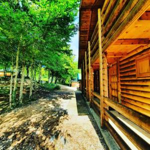 a porch of a log cabin with trees in the background at Rafting Kamp Brijeg in Kružac