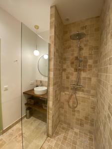 a bathroom with a shower with a sink and a mirror at Les Courtines - Appartement de caractère à la Roque-Gageac - Les Chênes Verts in La Roque-Gageac
