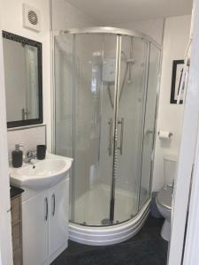 a bathroom with a shower, toilet and sink at The Shed in Merthyr Tydfil