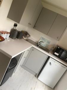 a kitchen with a refrigerator, sink, and dishwasher at The Shed in Merthyr Tydfil