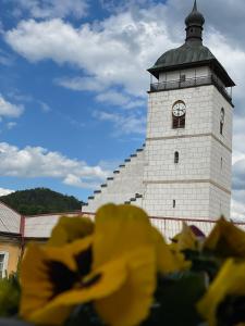 a clock tower with a flower in front of it at Dvoulůžkový pokoj Blue Grace na zámku in Česká Kamenice