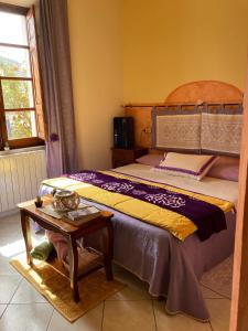 1 dormitorio con 1 cama grande y 1 mesa en B&B Domus Deiana, en Mamoiada