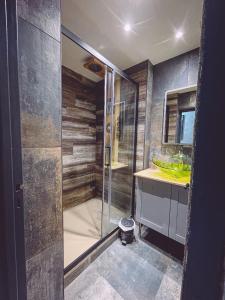 a bathroom with a shower and a yellow sink at Africa panoramique By Carl-Emilie in Épinal