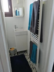 a small bathroom with a sink and a towel rack at Le balcon des Memises in Thollon
