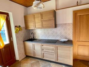 フォルニ・ディ・ソプラにあるResidence Dolomitiのキッチン(木製キャビネット、黒いカウンタートップ付)