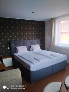 a bedroom with a large bed with a blue headboard at Penzion Relax Martina in České Budějovice
