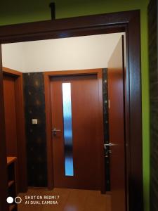eine braune Tür mit einem Spiegel in einem Zimmer in der Unterkunft Penzion Relax Martina in Budweis