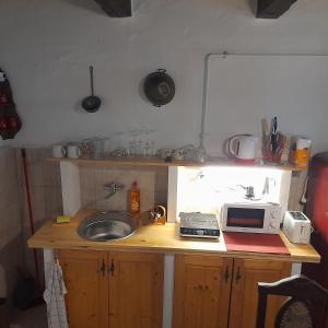 a kitchen counter with a sink and a microwave at Őrségi Kastélydombi Kistücsök Vendégházak in Hegyhátszentmárton