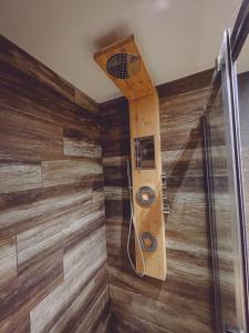 a shower in a bathroom with wooden walls at Harry Potter By Carl-Emilie 1 chambres 1 à 4 pers in Épinal +28 photos