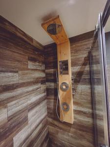 a shower in a bathroom with wooden walls at Harry Potter By Carl-Emilie 1 chambres 1 à 4 pers in Épinal