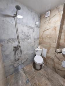 a bathroom with a shower and a toilet at СТУДИО АВА in Sliven