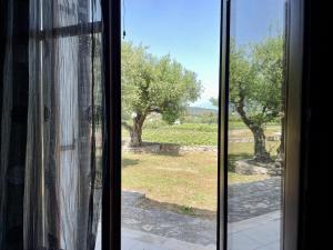 a window with a view of a field and trees at Serenita Villa II in Zakynthos Town