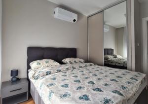 a bedroom with a large bed and a mirror at Green Apartments Podgorica With Garage in Podgorica