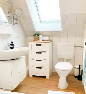 uma casa de banho com um WC branco e um lavatório. em Ferienhof Bannick em Bistensee