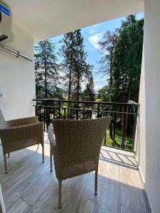 a balcony with chairs and a large window with trees at Apartamenti Panorama in Kobuleti