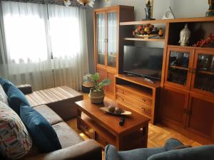 uma sala de estar com um sofá e uma televisão em Sellamante2 em Ribadesella