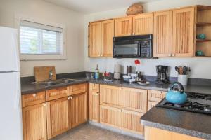 uma cozinha com armários de madeira, um lavatório e um micro-ondas em Inn at Schoolhouse Creek em Mendocino