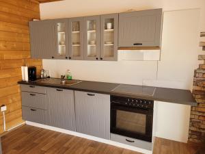 una cocina con armarios grises y fregadero en Ferienbutze, en Molbergen