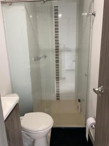 a bathroom with a toilet and a glass shower at Apartasuite 01 in Pereira