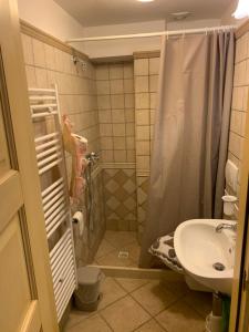 ein Bad mit einer Dusche und einem Waschbecken in der Unterkunft Duomo Apartment in Nardò