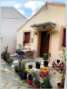 a patio with potted plants in front of a house at Μεζονέτα στους Αγίους Δέκα Κέρκυρας in Áyioi Dhéka