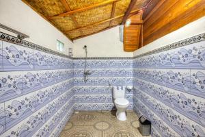 a bathroom with blue and white tiled walls and a toilet at Dekara Cottages in Nusa Penida