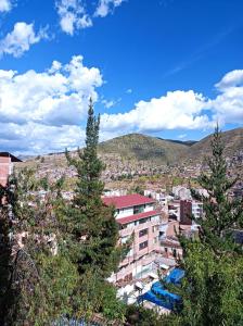 a view of a city with trees in the foreground at Union Garden Apartments in Cusco