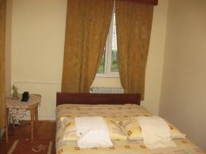 a bed in a bedroom with a window and a table at Lary Hostel in Suceava