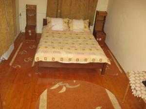 a bedroom with a bed and a rug on the floor at Lary Hostel in Suceava