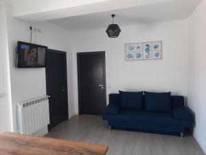 北瑪麥亞–納沃達里的住宿－Mamaia Nord Residence，客厅配有蓝色的沙发和电视