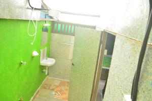 a green bathroom with a toilet and a mirror at Pacha Waterfront Nithi in Chuka