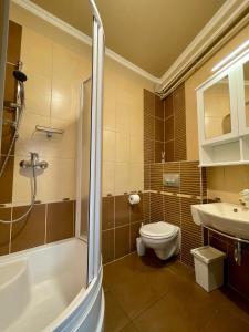 La salle de bains est pourvue de toilettes, d'une douche et d'un lavabo. dans l'établissement Vöröskő Apartman Alsóörs, à Alsóörs