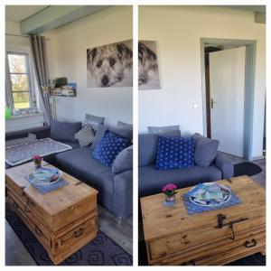 two pictures of a living room with a couch and a coffee table at Tammwarftshof in Pellworm