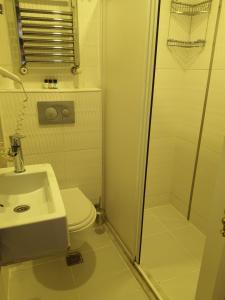 a bathroom with a toilet and a shower and a sink at Just Inn Hotel in Istanbul